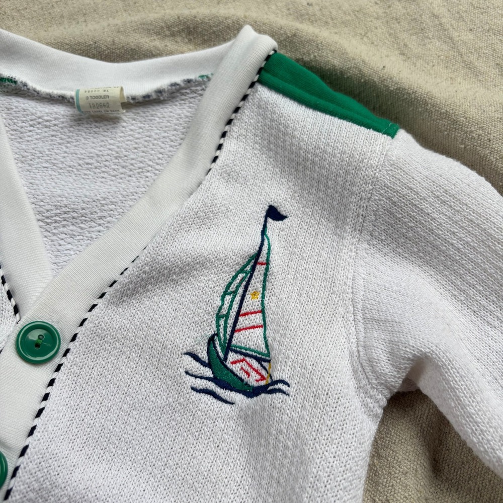 Vintage 80s Toddler Cardigan Sailboat Nautical White Green Knit Sweater 3T